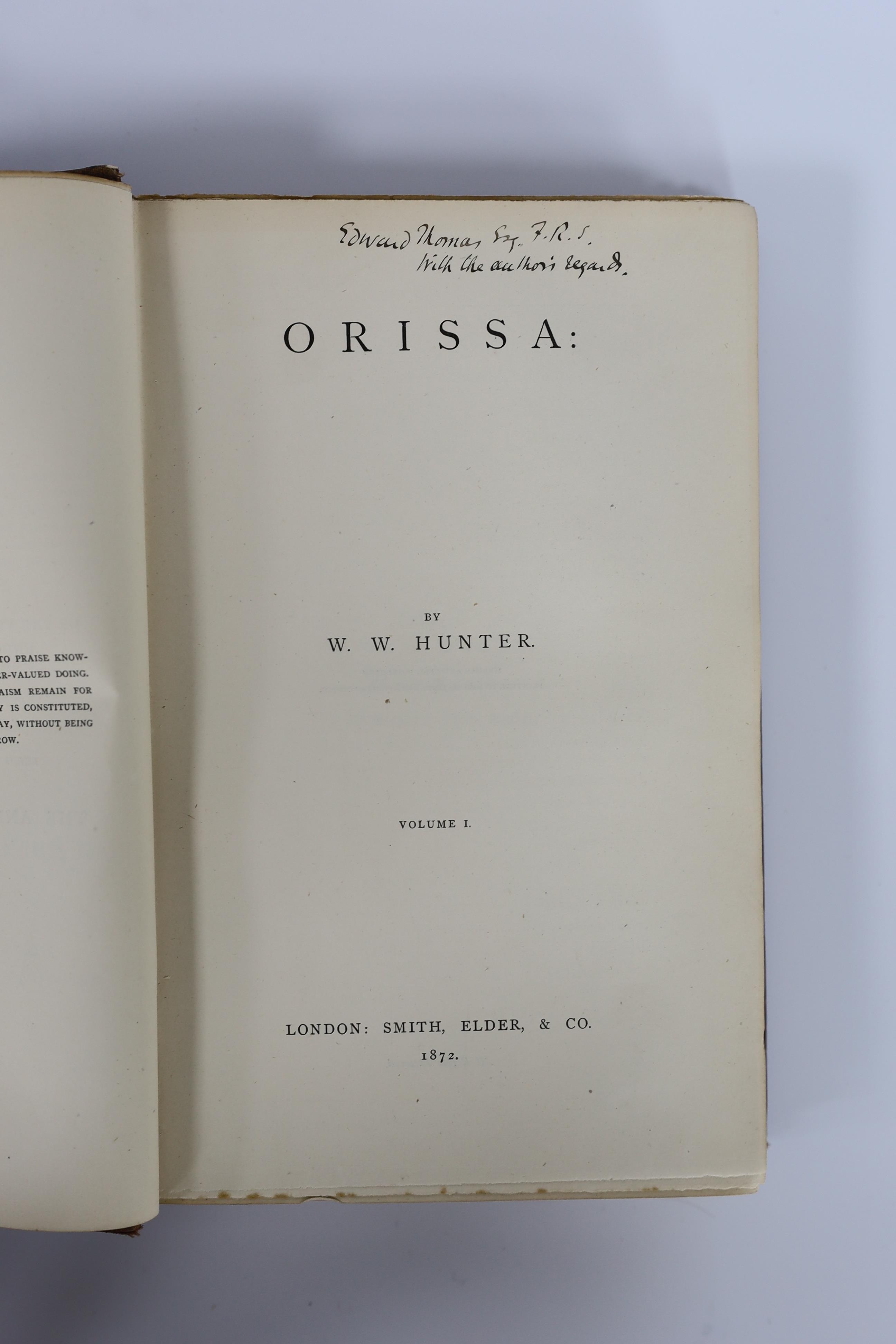 Hunter, W.W. - Orissa, 2 vols, colour-printed frontis., folded map (outline colour, in pocket) and 15 plates, text decorations; publisher's gilt and blind ruled cloth. 1872